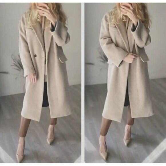 Zara Double Breasted herringbone print Beige Lapels Coat Medium - Picture 11 of 12